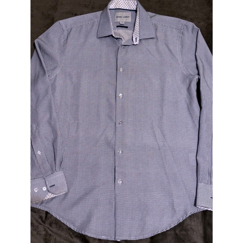 Henri James Mens Medium Blue White Stretch Button Down Shirt
